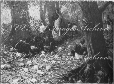 "Explorations et explorateurs du siècle.- Types divers des peuples africains.Achantis cherchant des dents humaines, dans le lieu destiné aux sépultures royales." 1900年博 探検と探検家たち － アフリカのさまざまな種族 王家の墓で人間の歯を探すアシャンティス族