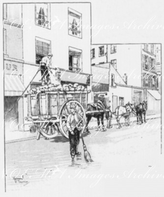 Les embarras de Paris.- Transport de la meuliere provenant de la prison de Mazas.1900年博 パリの迷惑物 － マザス牢獄からの珪質岩の運搬