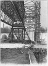 Montage du pont Aléxandre III.La passerelle sur le chevalet mobile et le cintre avant le commencement du montage.1900年博 アレクサンドル3世橋の建設 可動式架台上の補助小橋と組み立て前のアーチ