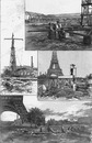 "Les chantiers du Champ-de-Mars.- 1.Le révetage.- 2.Une grande grue, à bras mobile.- 3.Les scieurs de long.- 4.Près de la Tour Eiffel: déblayage du terrain." 1900年博 シャン・ド・マルスの工事現場 －1.リベット打ち込み作業 －2.可動式アーム付きの大クレーン －3.木挽き －4.エッフェル塔の付近：地ならし