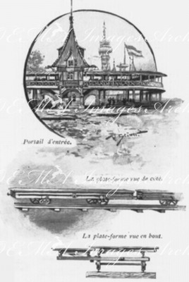 Les trottoirs mobiles.- Aspect d'ensemble de la voie et détails de la structure.Portail d'entrée.La plate-forme vue de côté.La plate-forme vue en bout.1900年博 動く歩道 － 歩道の全景と構造の細部 入口 プラットフォームを横から見た図 プラットフォームを先端から見た図