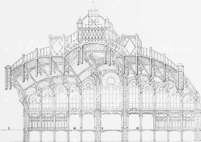 Le Palais de l'électricité et le Chateau d'eau.- Perspective montrant le parti de construction adopte pour la grande salle du Palais de l'électricité.1900年博 電気館と噴水 － 電気館の大広間として採用された建築の部分図