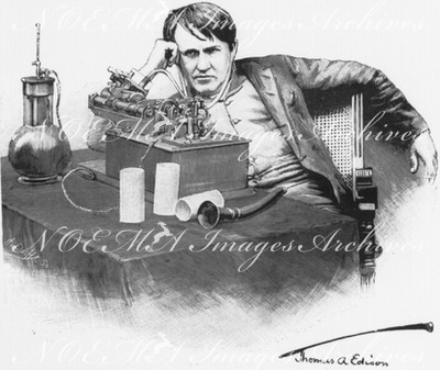 Thomas A.Edison dans son laboratoire; fac-simile de sa signature.1900年博 実験室のトーマス・A・エジソンと彼のサインの写し