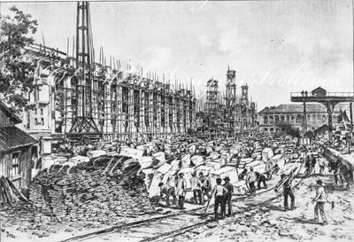 "Les chantiers des Champs-Elysées - Facade principale du Grand Palais, fin octobre 1898." 1900年博 シャン＝ゼリゼの工事現場 － グラン・パレの正面入口 1898年10月末時点