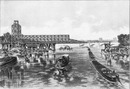 La passerelle du pont Aléxandre III.- Première opération du lancement:vue prise en aval.1900年博 アレクサンドル3世橋の歩道橋 － 架橋の初期段階：下流から見たところ