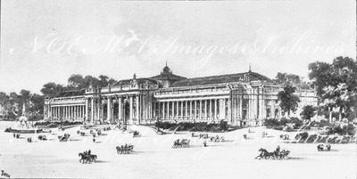 "Projet définitif du Grand Palais des Champs-Elysées.- Vue perspective de la facade principale, d'après les documents officiels." 1900年博 シャン＝ゼリゼのグラン・パレの最終プラン － 公式資料による正面ファサードの眺望