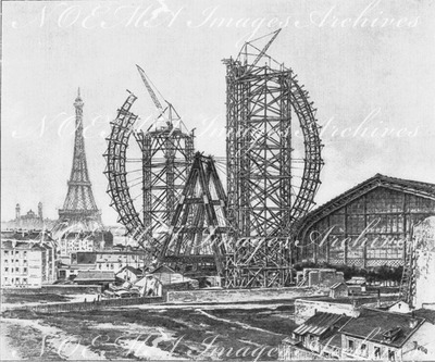 La roue géante de Paris.- Le chantier et les appareils de levage pendant la construction.1900年博 パリの大観覧車 － 組み立て現場と吊り上げクレーン