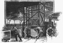 L'industrie de la houille.Extraction des berlines de la cage du puits.1900年博 炭鉱業 立抗のケージからトロッコを引き出す