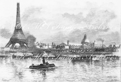 "Historique des expositions universelles.- Exposition de Paris en 1889: 1.Vue générale des bâtiments, prise de la rive droite de la Seine." 1900年博 博覧会の歴史 － 1889年パリ博覧会：1.セーヌ右岸から見た諸展示館