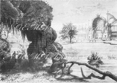 Historique des expositions universelles.- Exposition de Paris en 1878: La grande facade vue de l'autre côté du lac.1900年博 博覧会の歴史 － 1878年パリ博覧会： 湖の向こうから見た会場の大ファサード