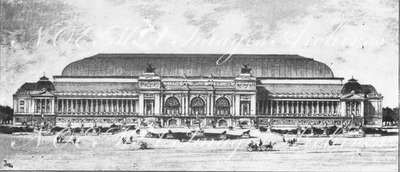 Premiers concours: Les palais des Champs-Elysées.- Facade principale du Grand Palais; projet de M.Tropey-Bailly (5e prime).1900年博 最初のコンペティション： シャン＝ゼリゼ会場の展示場 － 正面ファサード；トロペ＝バイイー氏によるプロジェクト（5席）