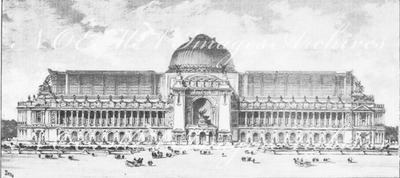 Premiers concours: Les palais des Champs-Elysées.- Facade principale du Grand Palais; projet de M.Thomas (3e prime).1900年博 最初のコンペティション： シャン＝ゼリゼ会場の展示館 － グラン・パレの正面ファサード；トマ氏によるプロジェクト（3隻）