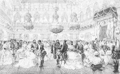 "La vie et les moeurs pendant le siècle.- Un grand bal dans la salle des Maréchaux, aux Tuileries, en 1858 (d'après un document de l'époque)." 1900年博 19世紀の生活と風俗 － 1858年、チュイルリーの元帥の間で催された大舞踏会（当時の資料による）