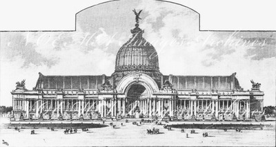 Premiers concrors: Les palais des Champs-Elysées.- Facade principale du Grand Palais; projet de MM.Deglane et Binet (2e prime).1900年博 最初のコンペティション： シャン＝ゼリゼ会場の展示館 － グラン・パレの正面ファサード；ドゥグラーヌ氏とビネ氏のプロジェクト（2席）