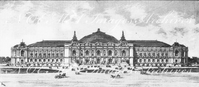 Premiers concours: Les palais des Champs-Elysées.- Facade principale du Grand Palais; projet de M.Louvet (1re prime).1900年博 最初のコンペティション： シャン＝ゼリゼ会場の展示館 － グラン・パレの正面ファサード；ルーヴェ氏のプロジェクト（1席）