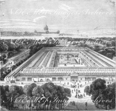 Historique des expositions universelles.- Vue à vol d'oiseau de l'Exposition de 1849 aux Champs-Elysées.1900年博 博覧会の歴史 － 1849年、シャン＝ゼリゼでの博覧会を鳥瞰する