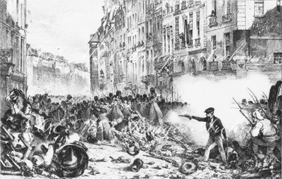 "La vie et les moeurs pendant le siècle.- Combat de la rue Saint-Antoine, le 28 juillet 1830." 1900年博 19世紀の生活と風俗 － 1830年7月28日、サン・アントワーヌ通りの闘い