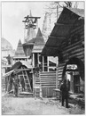 L'Asie russe au Trocadéro.- Isbas en construction.1900年博 トロカデロ会場のアジア・ロシア館 － 建設中のイズバ（丸太作りの農家）