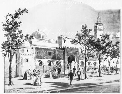 "L'Exposition tunisienne.- Le long de l'avenue montante (Maisons du Djerid, oasis de Tozeur)." 1900年博 チュニジア館 － 上り坂の大通りに沿って（トズールオアシスの中のジェリッドの家）