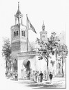 "L'Exposition tunisienne Entrée pres du pont d'Iéna (Porte et minaret de la Mosquee du Barbier, a Kairouan.)" 1900年博 チュニジア館 イエナ橋のそばの入口（カイルーアンのバルビエ（床屋）寺院の扉と尖塔）