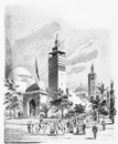 "L'Exposition tunisienne.- Angle nord, sur l'avenue Delessert (Entrée des souks; minaret de la mosquée de Sfax)." 1900年博 チュニジア館 － ドゥレセール大通り沿いの北側角（スークの入口；スファックスの寺院の尖塔