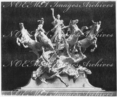 Les quadriges du Grand Palais.- L'immortalite devance le Temps.- (Groupe en cuivre repousse.) 1900年博 グラン・パレの4頭立て2輪戦車 － 「時間に打ち勝つ不死」 － 打ち出し成形された銅製の集合彫刻