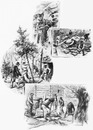 Un site alpestre à Paris.1.Les peintres de rochers.- 2.Gazonnement des prairies.- 3.Plantation des sapins.- 4.Etablissement de roches naturelles sur les bords d'un cours d'eau.1900年博 パリの中の山岳町 1.岩の塗装をする職人たち － 2.牧場の芝生張り － 3.杉の木の植え立て － 4.水の流れのふちに沿って自然の岩を置く