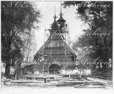 Le Pavillon de la Finlande.- Facade latérale en construction.1900年博 フィンランド館 － 建築中の側面ファサード