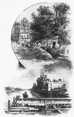 Au quai d'Orsay.- 1.Le Pavillon de la Roumanie.- 2.La passerelle du pont de l'Alma.1900年博 オルセー河岸 － 1.ルーマニア館 ー 2.アルマ橋の補助橋