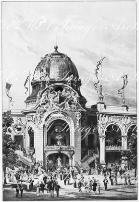 "Le Palais des fils, tissus et vêtements.- Pavillon d'angle, formant jonction avec le Palais de mines et de la métallurgie." 1900年博 糸と布と服館 － 炭鉱と製鉄業館とつながっている建物のコーナー部分