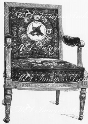 "Fauteuil, style Empire, recouvert de tapisserie de Beauvais." 1900年博 ボーヴェのタピスリーで覆われた帝政時代の椅子