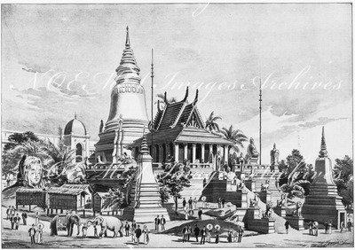 "L'exposition du Cambodge.- Vue d'ensemble des édifices, prise du côté ouest." 1900年博 カンボジア館 － 西側から見た建物の全景