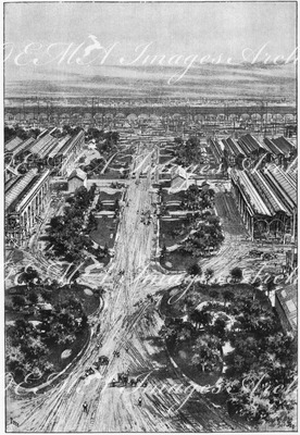 Jardins et parcs du Champ de Mars.- Vue générale prise du deuxième étage de la Tour Eiffel (aout 1899).1900年博 シャン・ド・マルス会場の庭園と公園 － エッフェル塔の3階部分から見下ろした景観（1899年8月時点）