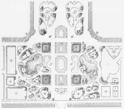 "Jardins et parcs du Champ de Mars.- Plantations, pavillons et établissements divers, aux environs de la tour Eiffel." 1900年博 シャン・ド・マルス会場の庭園と公園 － エッフェル塔付近の植え込み、展示館、その他建物