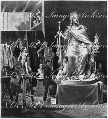 "La France Carlogingienne.- Modèle de l'une des statues, destinées à la décoration des pylones du pont Aléxandre III." 1900年博 カロリング朝フランス － アレクサンドル3世橋の柱塔を飾る彫像のひとつ