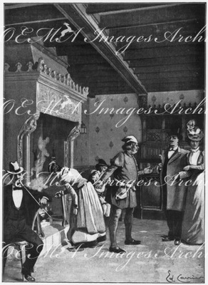 Paris en 1400.- L'une des salles du cabaret des Trois Pichets.1900年博 1400年のパリ － キャバレー「3つの水差し」のひと間