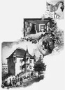 Le chateau tyrolien.- Facade principale.- Intérieur Renaissance Détail des enseignes.1900年博 チロルの城 － 正面ファサード － ルネッサンス様式の内部 － 看板