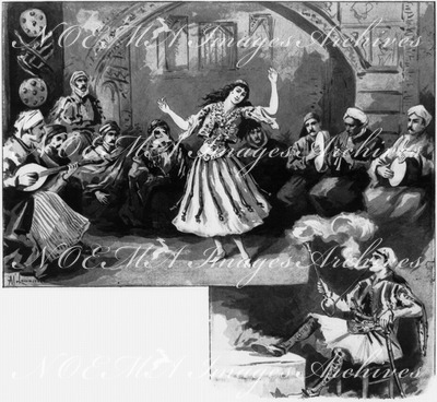 Le théâtre du Pavillon Ottoman.- Orchestre et danseuse.1900年博 オスマン帝国館の劇場 － 楽団と踊り子