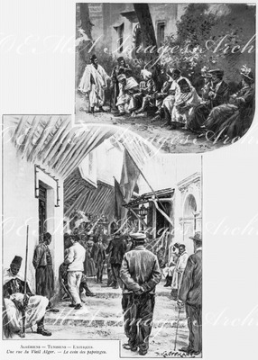 Algériens - Tunisiens - Exotiques.Une rue du vieil Alger.- Le coin des papotages.1900年博 エキゾティックなアルジェリアとチュニジアの人々 －アルジェの古い街角 － おしゃべり