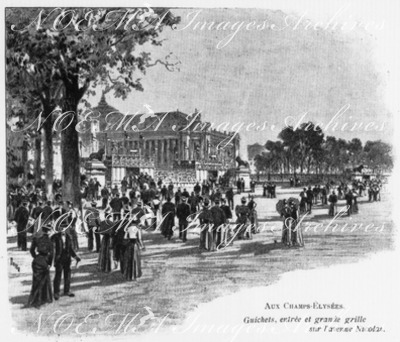 "Aux Champs-Elysées.Guichets, entrée et grande grille sur l'avenue Nicolas." 1900年博 シャン＝ゼリゼにて 切符売り場、入口、ニコラ大通り側の柵