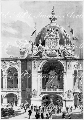 Les Palais du Champ de Mars.- Le grand pavillon d'angle du Palais des Industries Chimiques.1900年博 シャン・ド・マルス会場にある化学工業館の角翼