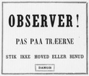 Les 33 affiches du Chemin de fer de l'Exposition le long du quai d'Orsay. : DANOIS オルセー河岸沿いの会場内鉄道の張り紙33枚 デンマーク語の「注意！木に気をつけて下さい。頭や足を出さないで下さい。」