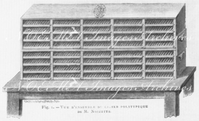 La typographie polytypique : Fig. 1. - Vue d'ensemble du casier polytypique de M. Noizette. 多型性活版印刷 図1. ノワゼット式多型性整理箱の全体像