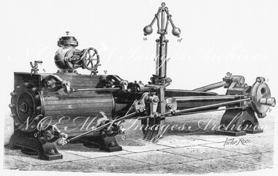 Les machines à vapeur : Fig. 1. - Vue d'ensemble d'une machine Corliss (type de 1867). 蒸気機関 図1. コルリス式機械の全容 (1867年型)