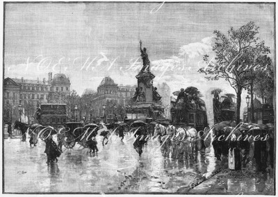 "Paris pendant l'exposition. - La place de la République, point de départ des voitures pour l'Exposition, un jour de pluie." パリ模様 ある雨の日の共和国広場 万博会場行きの馬車乗り場