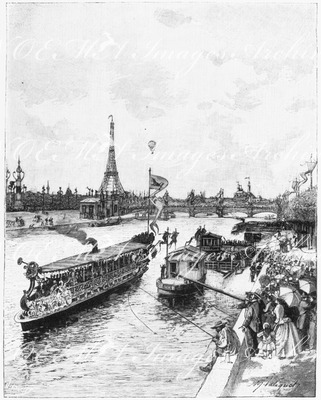 "La navigation sur la Seine, aux abords de l'Exposition." 万博会場あたりのセーヌ河航行