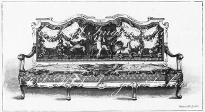 "Canape style Louis XIV, couvert en tapisserie, exposé par la Manufacture nationale de Beauvais." ボーヴェ官立工場出展の綴れ織りの長椅子ルイ14世様式