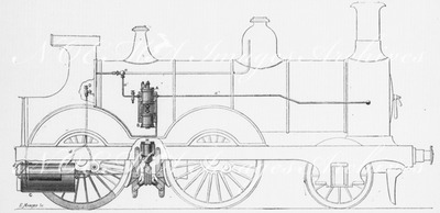 "Les freins de chemin de fer : Fig. 3. - Pompe de compression de l'air pour le frein Westinghouse, etablie à l'avant de la locomotive." 鉄道のブレーキ 図3. 機関車に先んじて確立されたウエスティングハウス式ブレーキのための空気の圧縮ポンプ