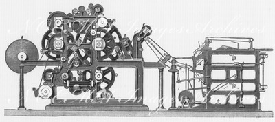 "《The Ingram》, machine rotative brevetés, pour imprimer les journaux illustrés : Elévation de la machine, vue de côté. " 特許付きイラストレーション入り新聞の回転印刷機「ザ・イングラム」、機械の側面図