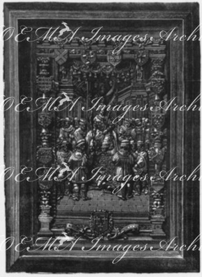 "Panneaux en bois sculpte, exécutés d'après un manuscrit de dom Bernard de Montfaucon, par M. Alfred Delmas, a Nantes. : Proces du connetable de Bourbon en l'an 1523." ドン・ベルナルド・ド・Montfauconの写本を基にしたナントのアルフレッド・デルマス作の木彫りのパネル 1523年のブルボン大元帥の訴訟